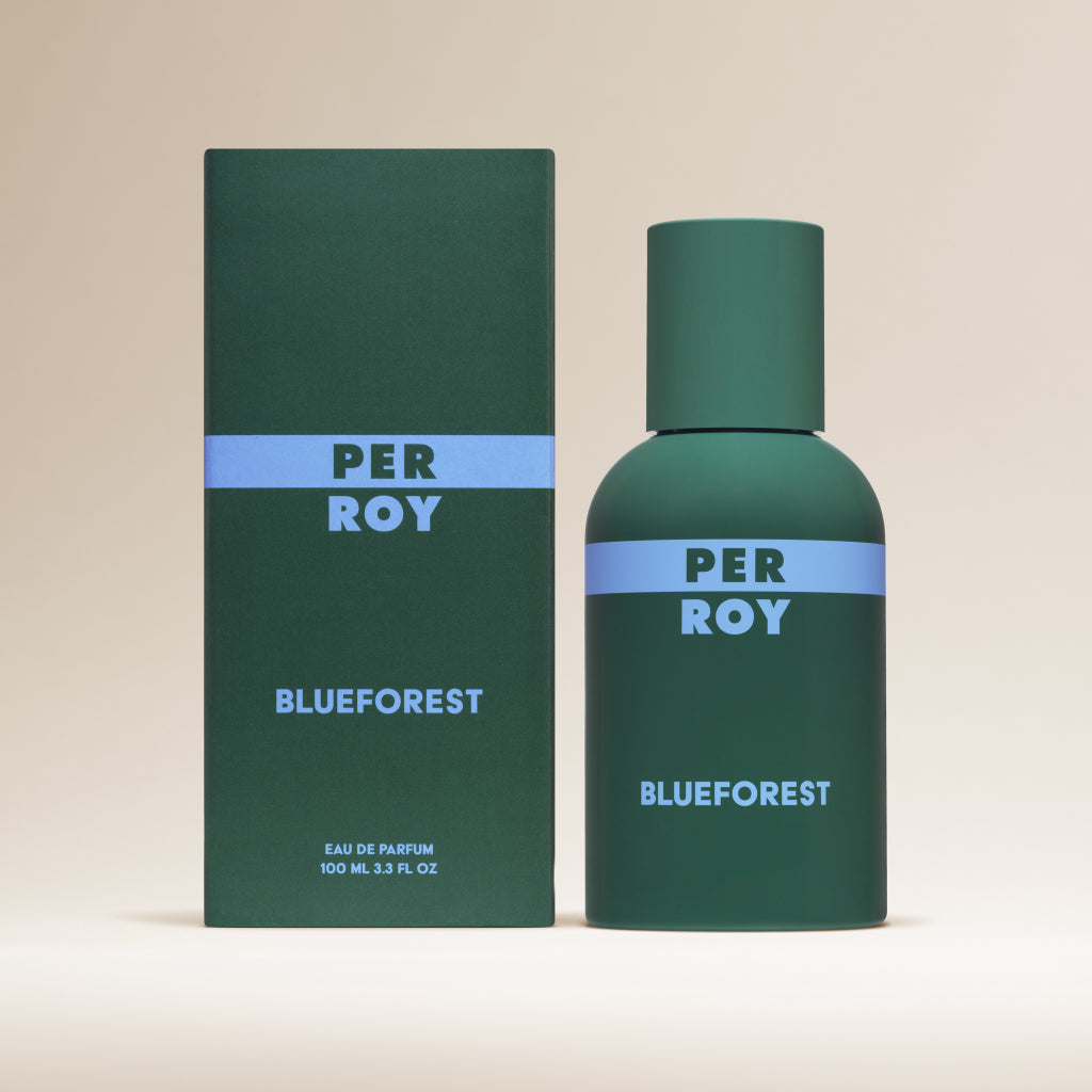 Perroy Packshot flacon et emballage Blueforest 100ml fond beige