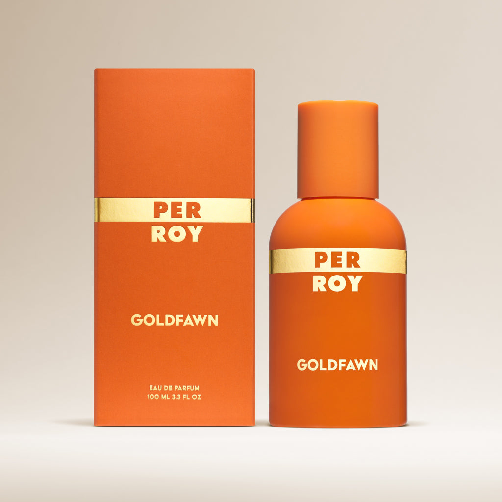 Perroy Packshot flacon et emballage Goldfawn 100ml fond beige